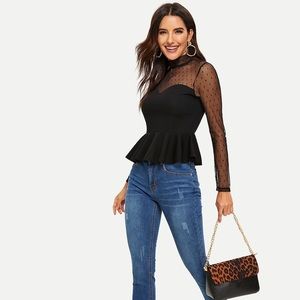 Mesh Swiss Dot Slit Back Peplum Top
